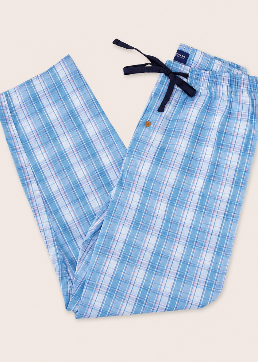 Blue Check Lounge Pants with Button